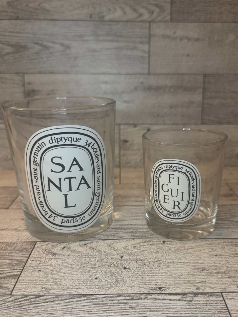2 Diptyque Empty Glass Candle Jars Santal 6.5 oz and Figuier 2.4 oz